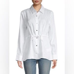 DKNY White Button Down Cinch Tie Waist Linen Shirt
